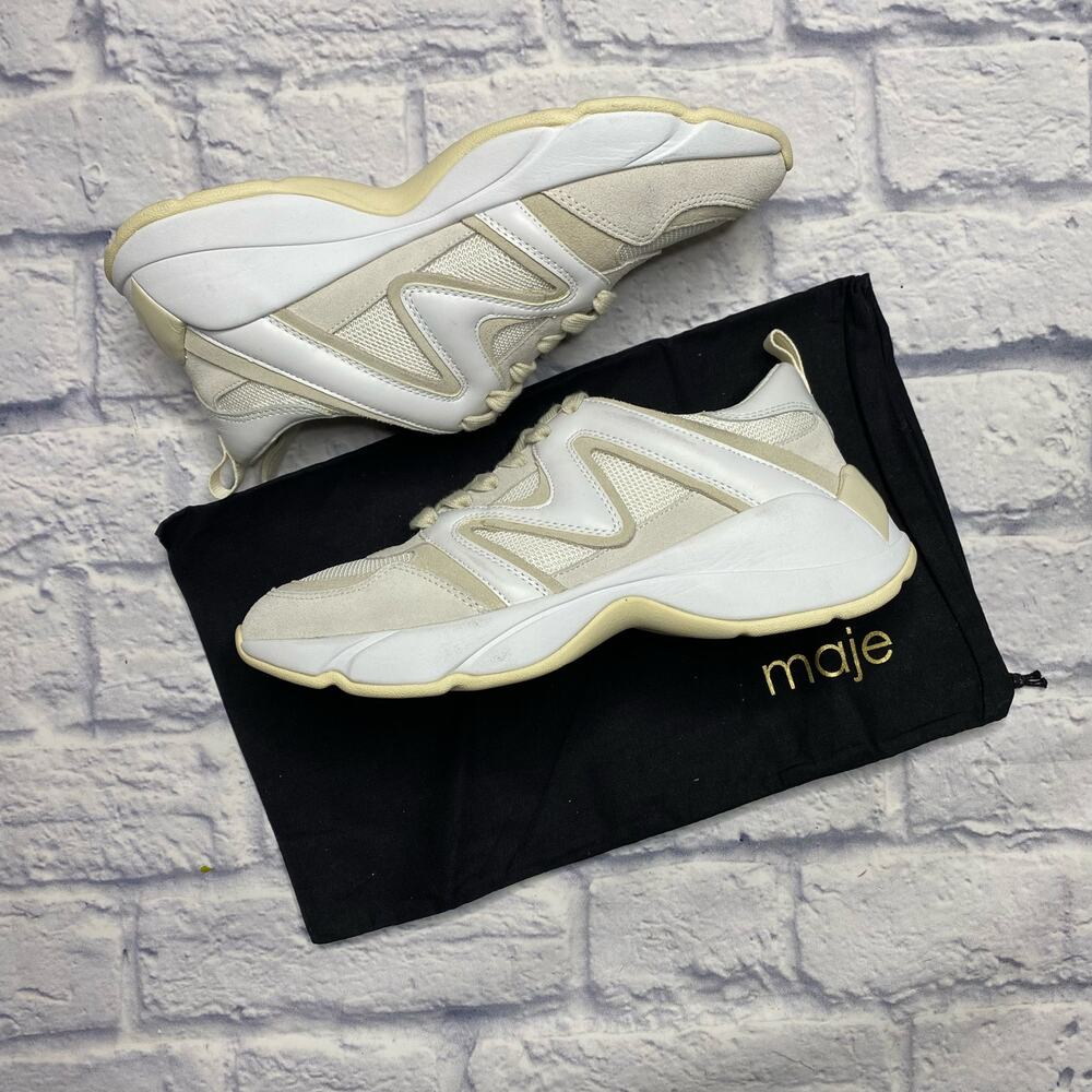 NEW Maje W22 Mesh, Suede and Leather Sneakers in Off-White